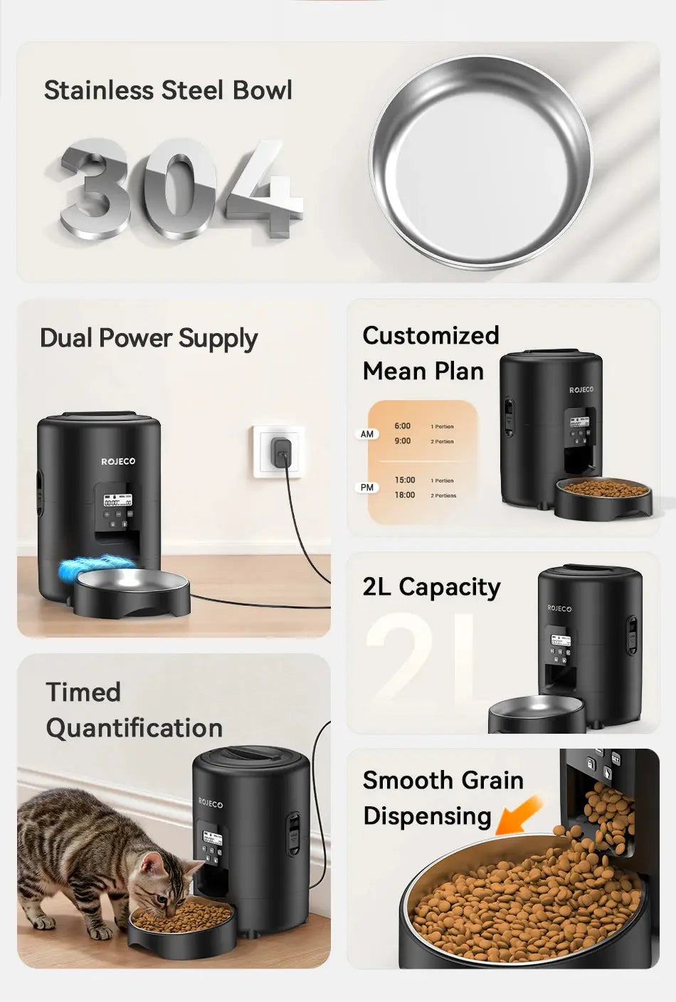 ROJECO 2L Smart Automatic Pet Feeder with Button Control Lovemypet