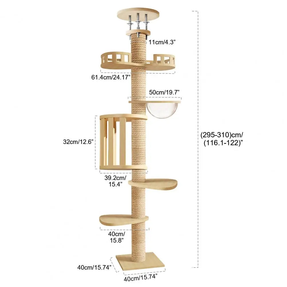 Výškovo nastaviteľný mačací strom 295–310 cm – 6 poschodí, 7 sisalových stĺpov, drevený