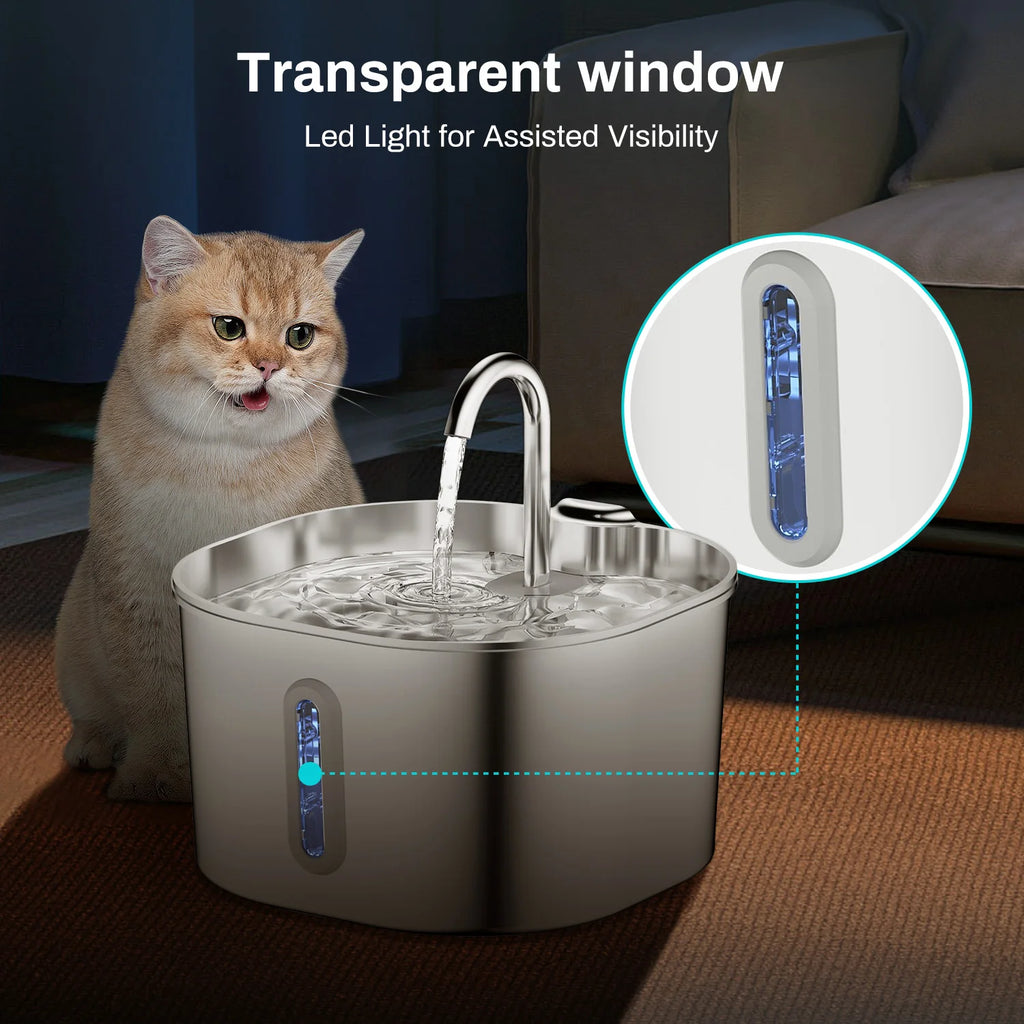 ZYFeeder 2.2L Stainless Steel Cat Water Fountain - Automatic Pet Drinking Fountain with Window