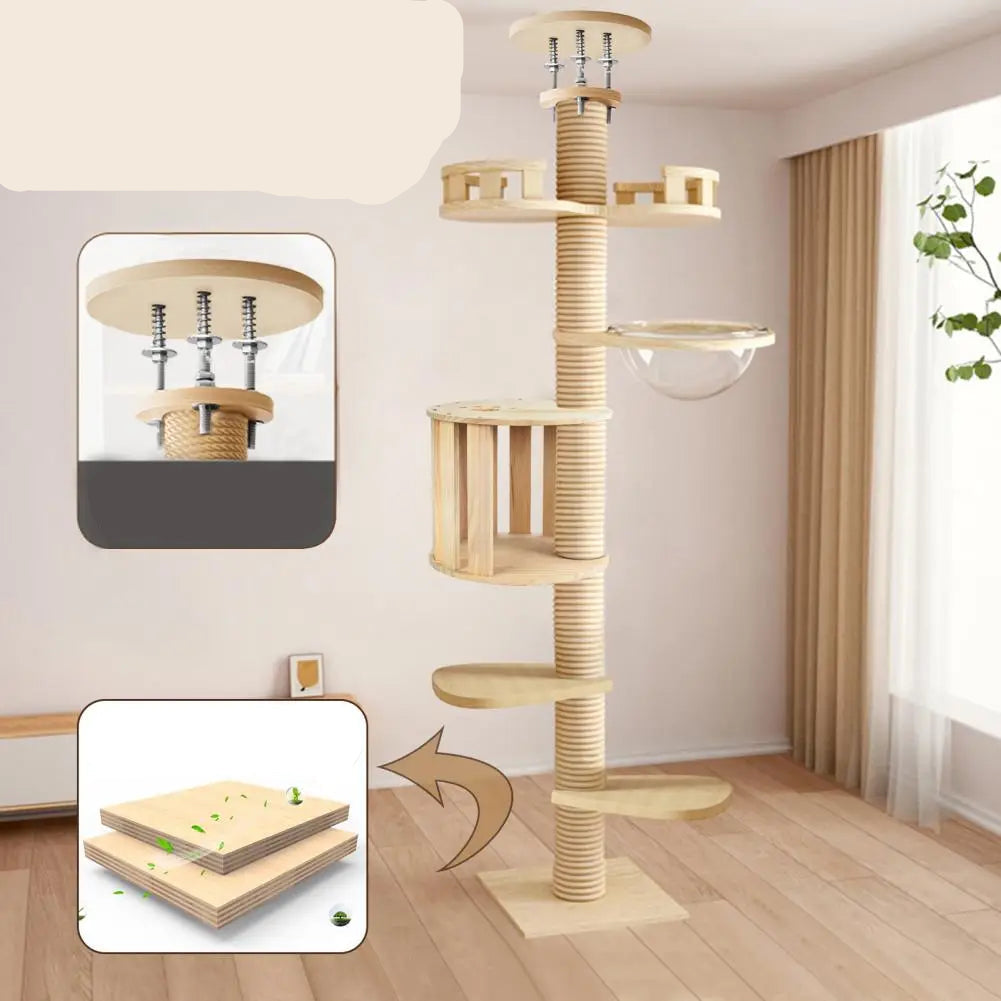Výškovo nastaviteľný mačací strom 295–310 cm – 6 poschodí, 7 sisalových stĺpov, drevený