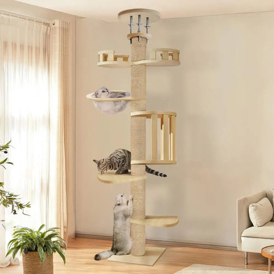 Výškovo nastaviteľný mačací strom 295–310 cm – 6 poschodí, 7 sisalových stĺpov, drevený