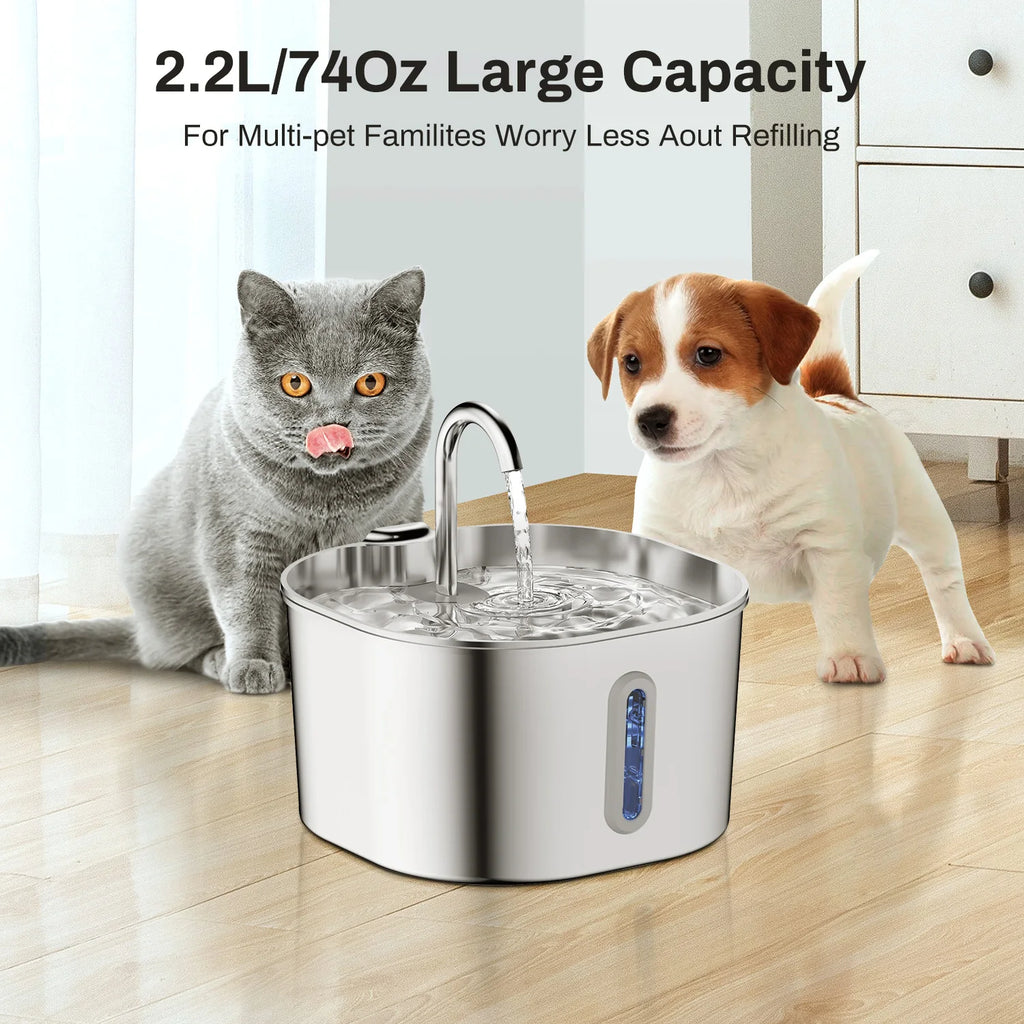 ZYFeeder 2.2L Stainless Steel Cat Water Fountain - Automatic Pet Drinking Fountain with Window