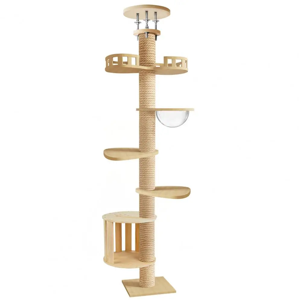 Výškovo nastaviteľný mačací strom 295–310 cm – 6 poschodí, 7 sisalových stĺpov, drevený