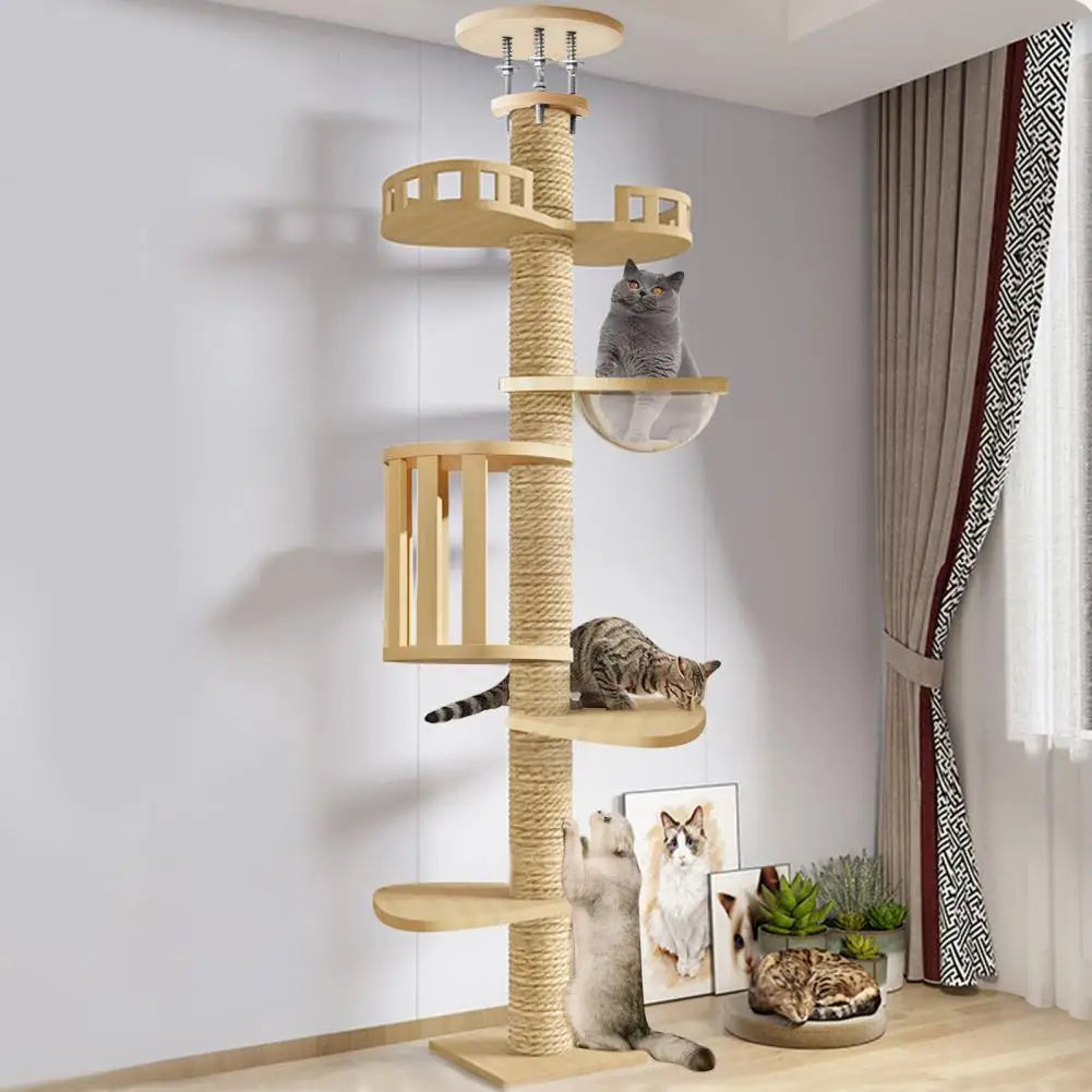 Výškovo nastaviteľný mačací strom 295–310 cm – 6 poschodí, 7 sisalových stĺpov, drevený