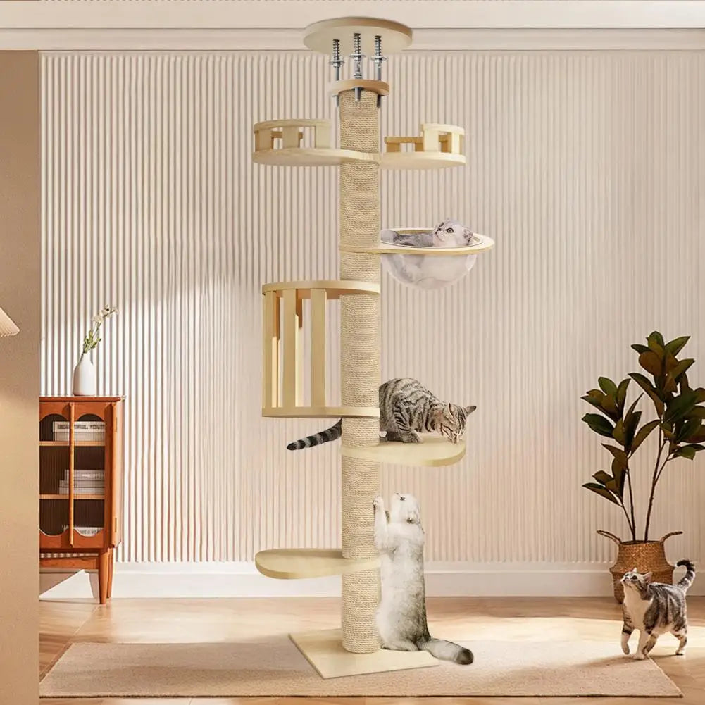 Výškovo nastaviteľný mačací strom 295–310 cm – 6 poschodí, 7 sisalových stĺpov, drevený