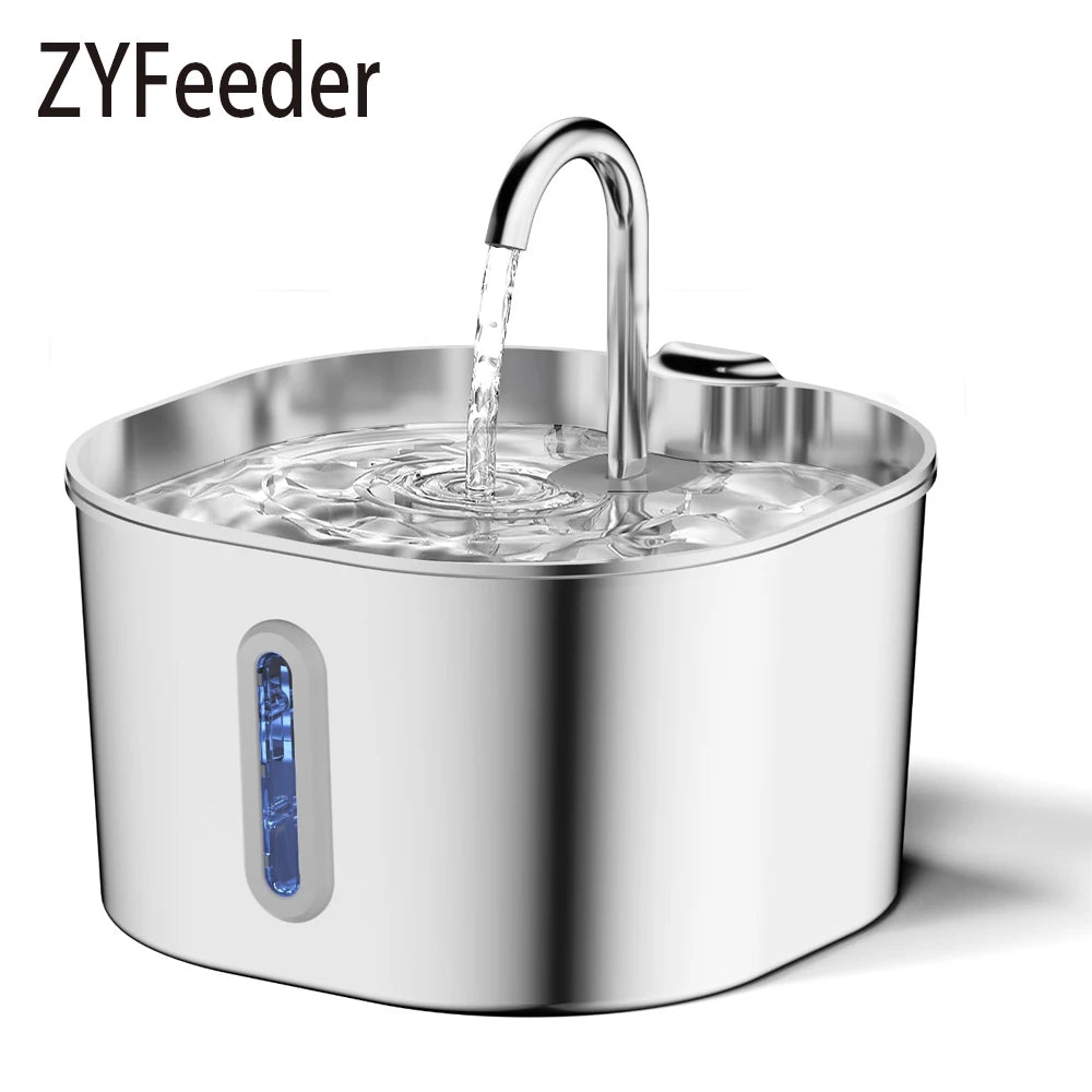 ZYFeeder 2.2L Stainless Steel Cat Water Fountain - Automatic Pet Drinking Fountain with Window